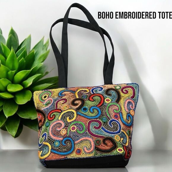 RAJASTHANI Bohemian Embroidered Beaded Medium Black Multi Color Tote Bag - Picture 1 of 12